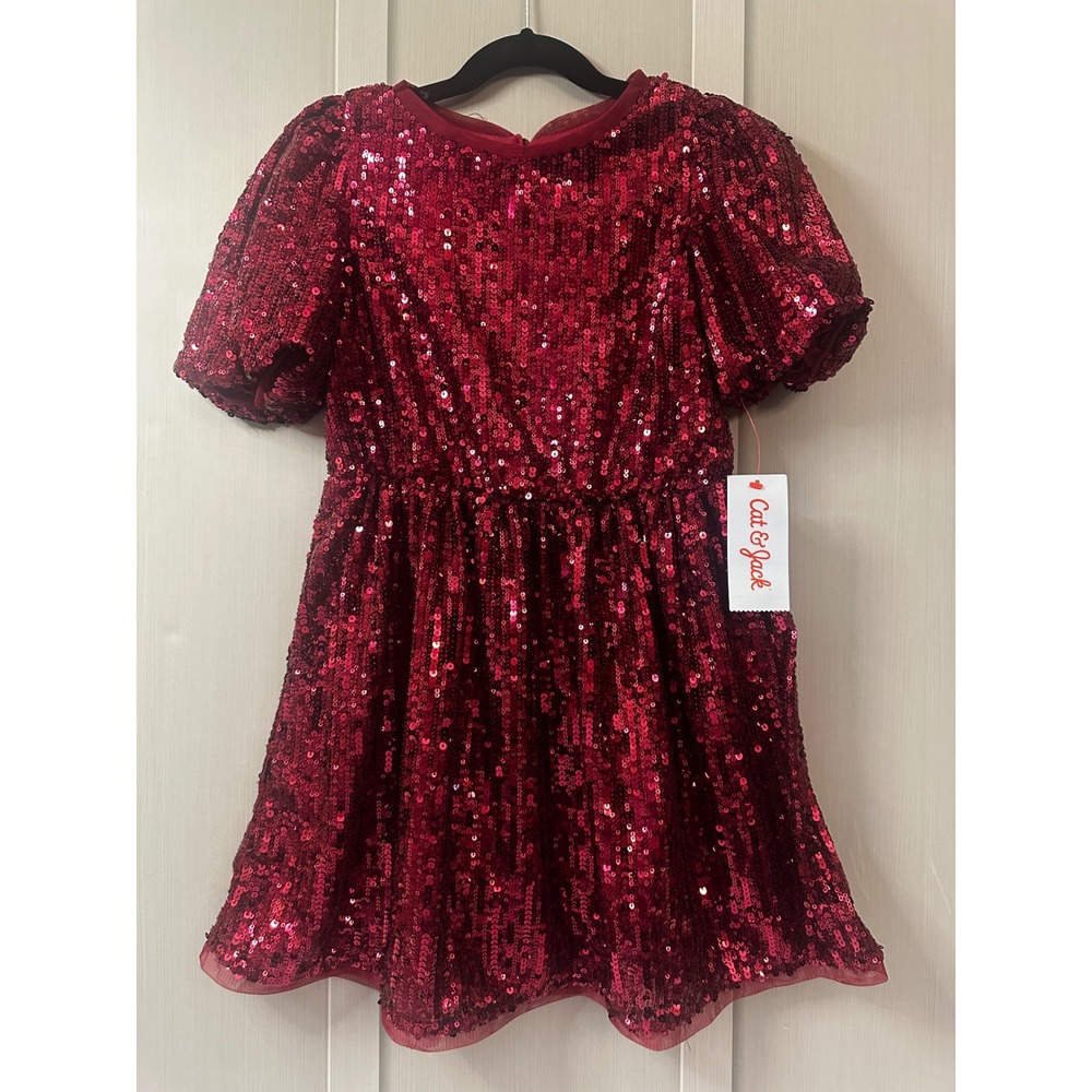Cat & Jack Girls Red Sequin Short Sleeve Party Dress Size S 6/7 NWT Holiday